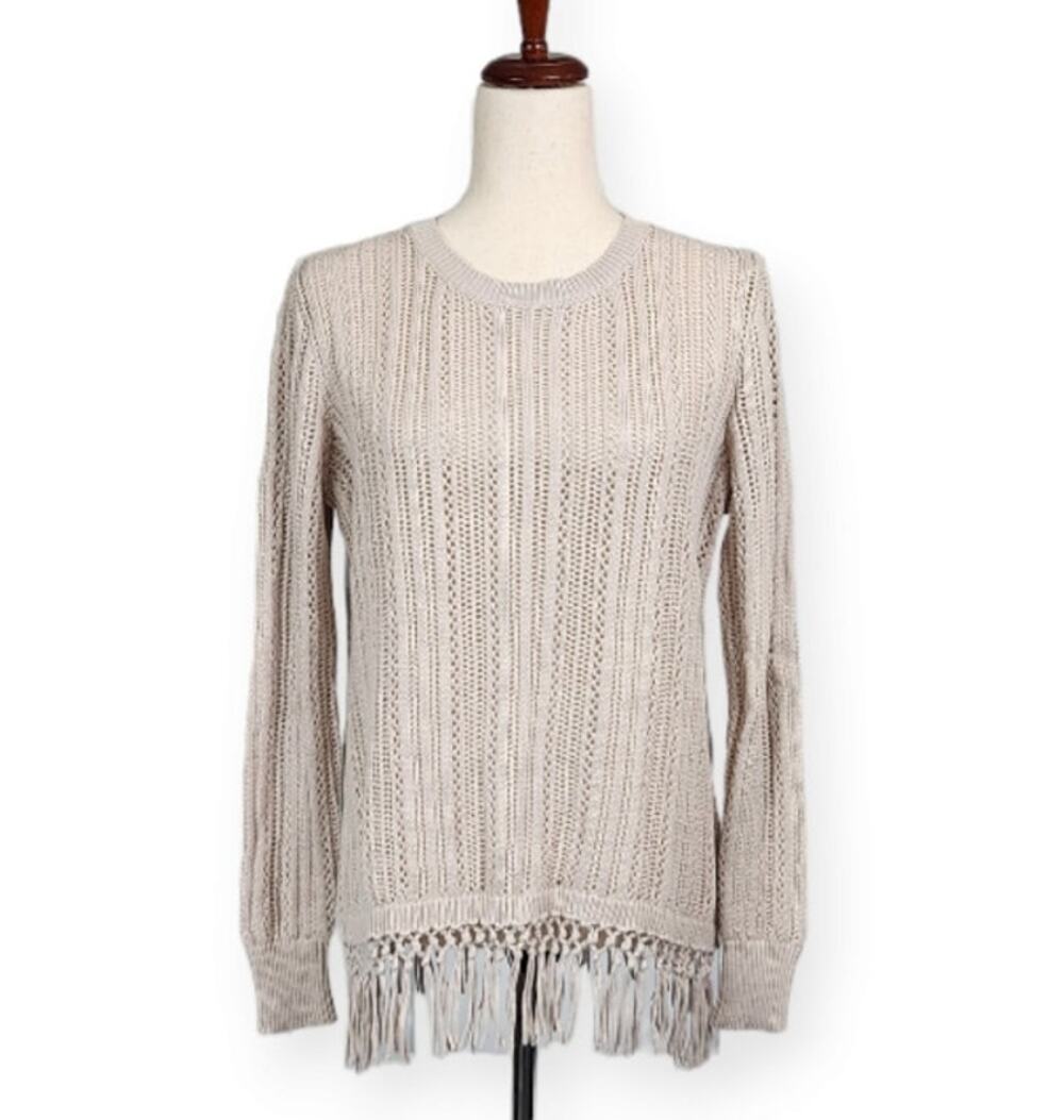Soft Surroundings Open Knit Sweater Fringe Hem Long Sleeve Beige Size Medium New
